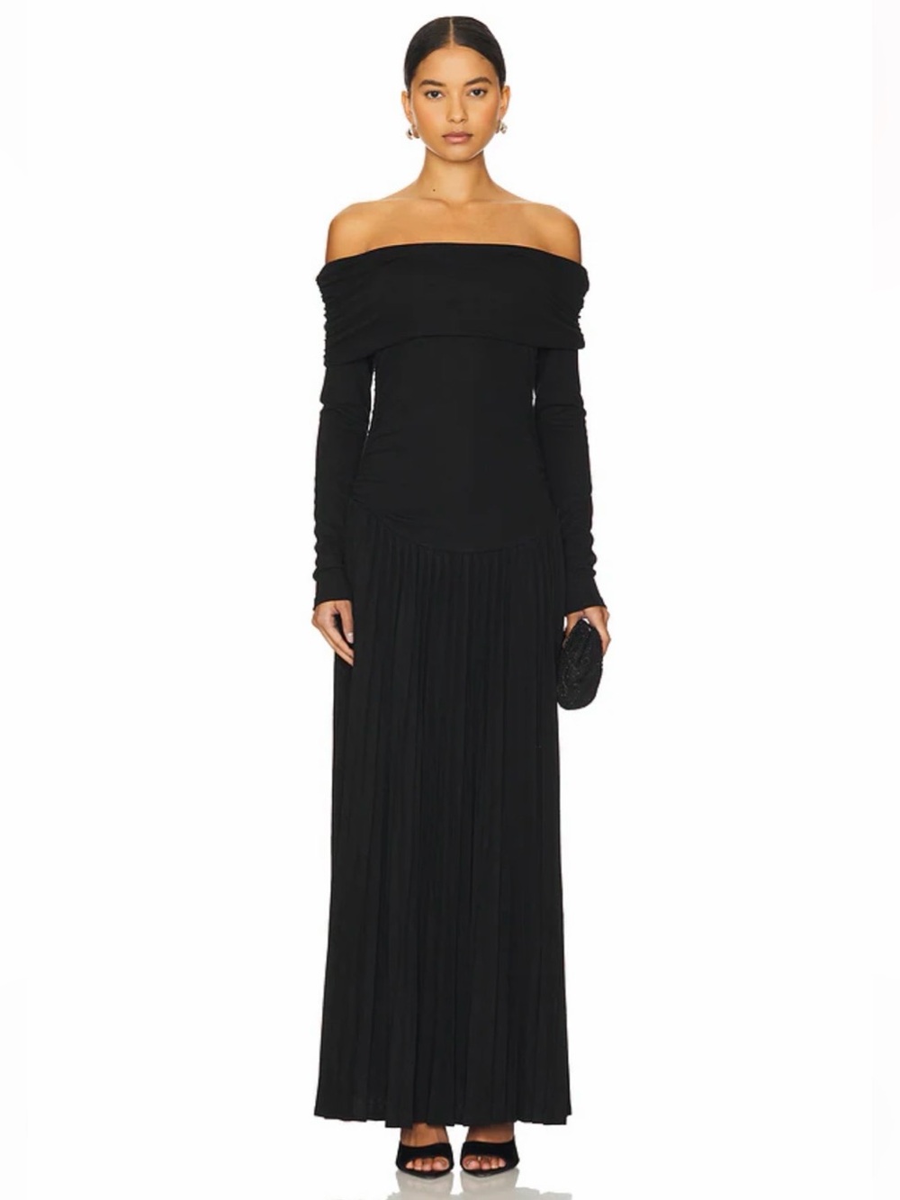 LIONESS Field of Dreams Off the Shoulder Long Sleeve Maxi Dress Black Size XS